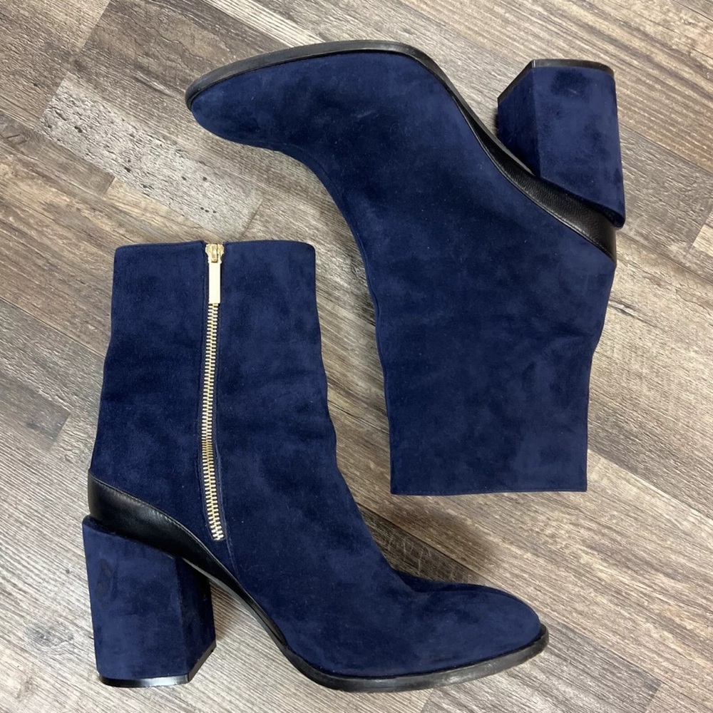 Dear Frances Blue Suede Chunky Heel Gold Zipper Ankle Boot Shoe Size 40